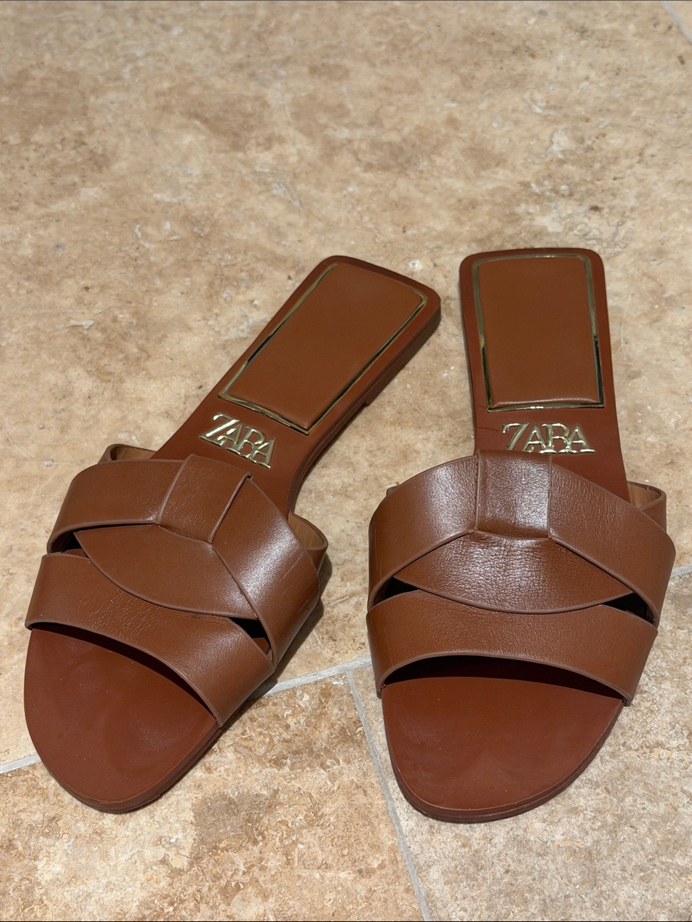 Zara Tan Nude Brown Woven Slide Mules 35
